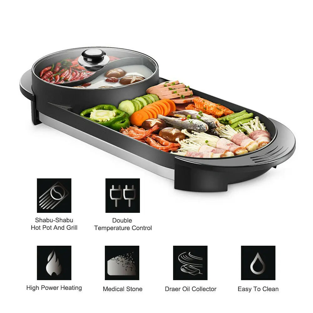 2 in 1 Portable Electric Hot Pot Barbecue Grill Non-Stick Teppanyaki Pan