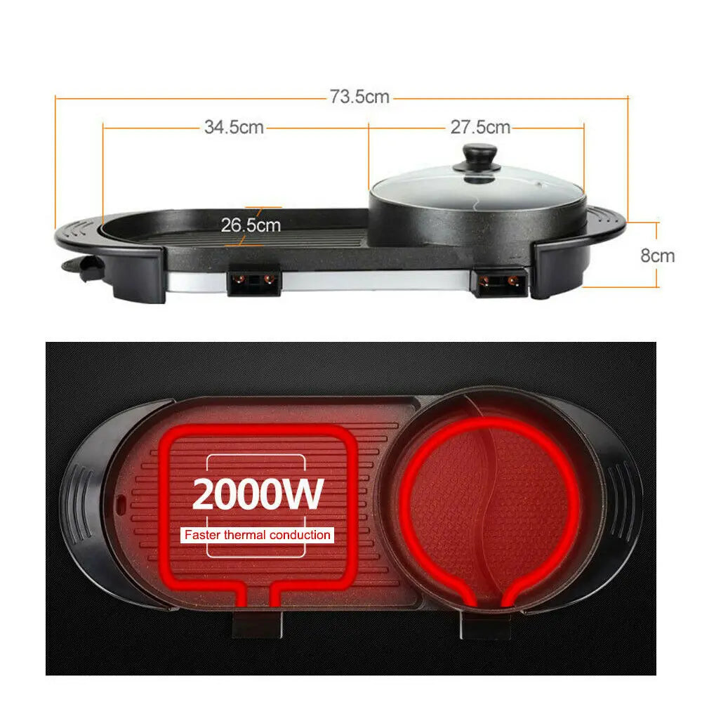 2 in 1 Portable Electric Hot Pot Barbecue Grill Non-Stick Teppanyaki Pan